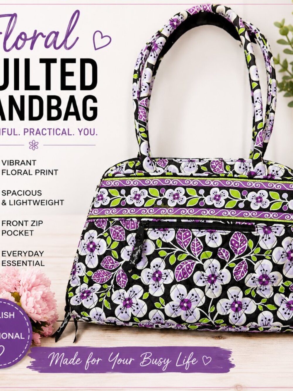 Vera Bradley Retired Plum Petals Bowler Handbag Quilted Floral Purple Shoulder